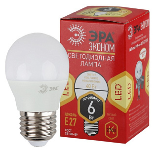 картинка Лампа светодиодная ЭКО 6w E27 2700k Led шар ЭРА от интернет-магазина К1-СТРОЙ